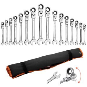 Flex-Head Ratcheting Wrench Set, 30-Piece SAE and Metric, 72 Teeth, Cr-V Steel Ratchet Flexible Combination Wrench Set with Roll Up Pouch, for General Household and Automotive Repairs, Silver