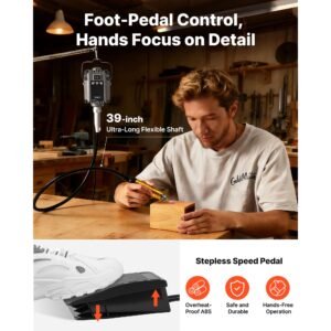 flex shaft grinder, 1000w 30000rpm electric flex shaft rotary tool, foot pedal control hanging carver grinder with 74pcs accessory kit for sanding buffing polishing cutting