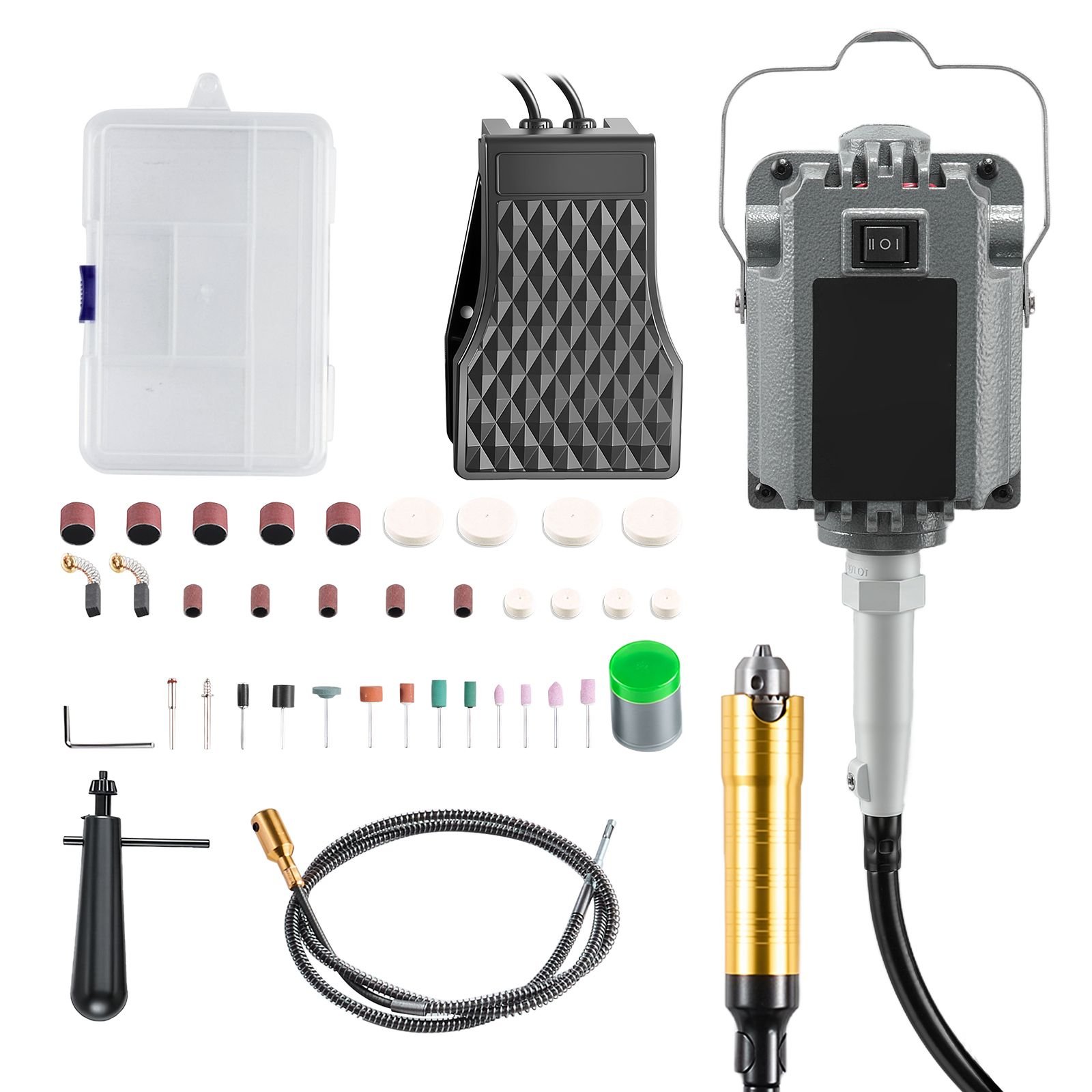 flex shaft grinder, 1000w 30000rpm electric flex shaft rotary tool, foot pedal control hanging carver grinder with 74pcs accessory kit for sanding buffing polishing cutting