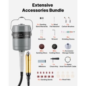 flex shaft grinder, 780w 25000rpm electric flex shaft rotary tool, foot pedal control hanging carver grinder with 112pcs accessory kit for sanding buffing polishing cutting