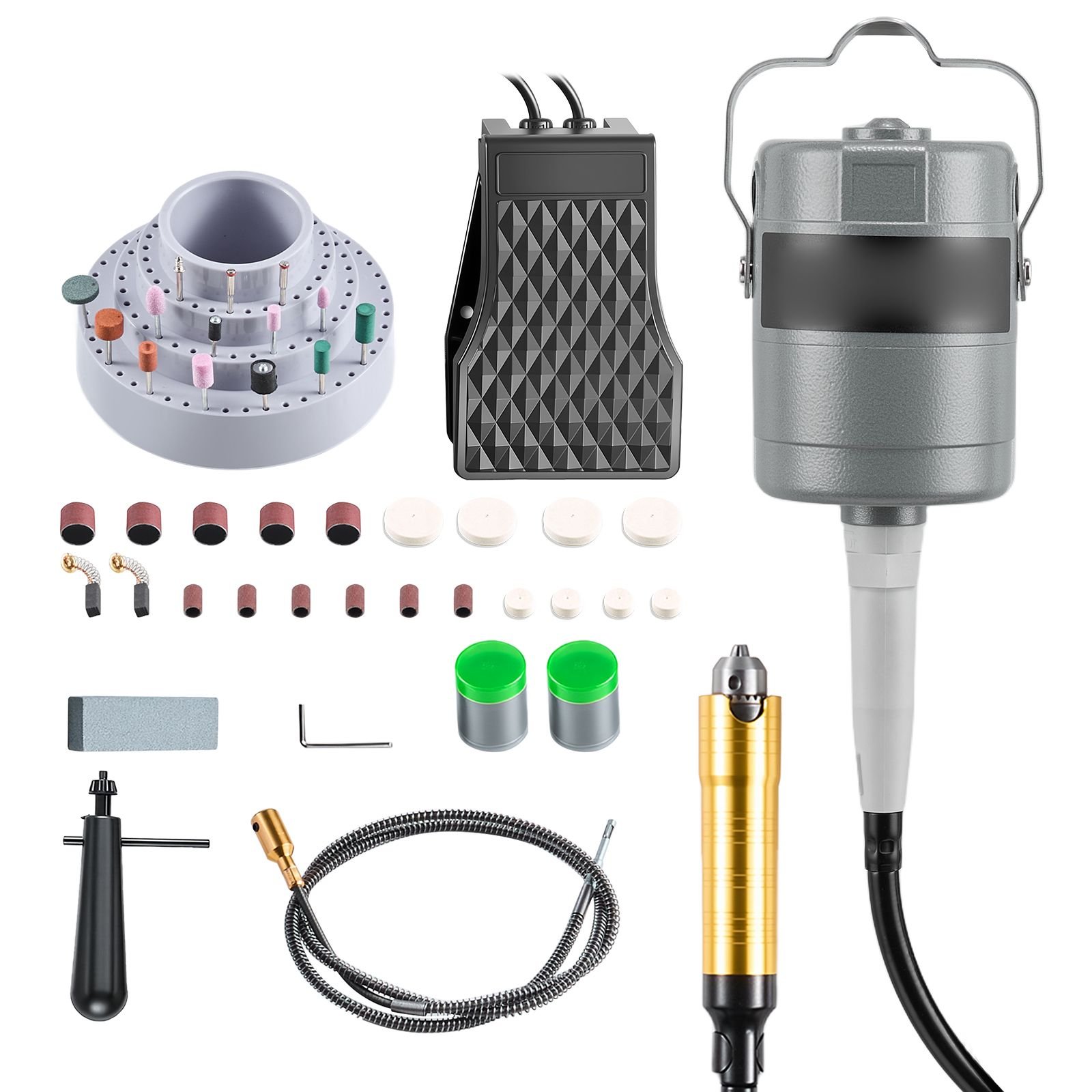 flex shaft grinder, 780w 25000rpm electric flex shaft rotary tool, foot pedal control hanging carver grinder with 112pcs accessory kit for sanding buffing polishing cutting
