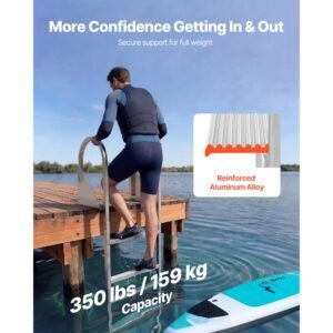flip up dock ladder, 4 step, heavy duty aluminum alloy pontoon boat swim ladder, with non slip wide steps, 350 lbs weight capacity, pull rope assist, for lake swimming, pool, marine boarding