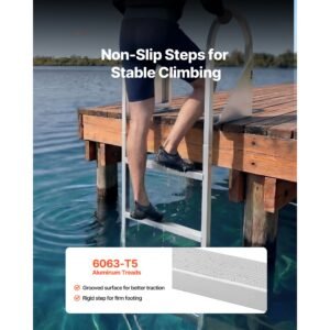 flip up dock ladder, 4 step, heavy duty aluminum alloy pontoon boat swim ladder, with non slip wide steps, 350 lbs weight capacity, pull rope assist, for lake swimming, pool, marine boarding
