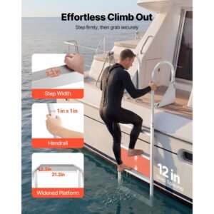 flip up dock ladder, 4 step, heavy duty aluminum alloy pontoon boat swim ladder, with non slip wide steps, 350 lbs weight capacity, pull rope assist, for lake swimming, pool, marine boarding