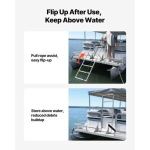 flip up dock ladder, 4 step, heavy duty aluminum alloy pontoon boat swim ladder, with non slip wide steps, 350 lbs weight capacity, pull rope assist, for lake swimming, pool, marine boarding