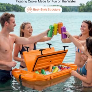 floating cooler, 40 qt floating ice chest with dry storage & tow rope, premium lldpe amphibious drink cooler for water & land, cruise smoothly stable on lake, river, pool, beach, kayak, orange