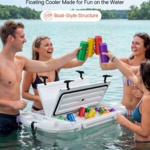 floating cooler, 40 qt floating ice chest with dry storage & tow rope, premium lldpe amphibious drink cooler for water & land, cruise smoothly stable on lake, river, pool, beach, kayak, white