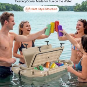 floating cooler, 40 qt floating ice chest with dry storage, wheels & tow rope, premium lldpe amphibious drink cooler for water & land, stable cruiser on lake, river, pool, beach, kayak, apricot