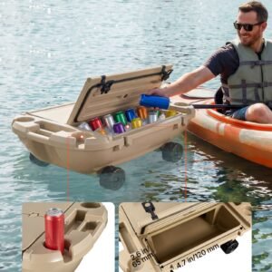 floating cooler, 40 qt floating ice chest with dry storage, wheels & tow rope, premium lldpe amphibious drink cooler for water & land, stable cruiser on lake, river, pool, beach, kayak, apricot