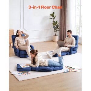floor chair, 5 adjustable positions folding floor gaming chair with back support, armrests, and cushion, sturdy metal frame with recycled foam and linen fabric, for reading, relaxing, dark blue