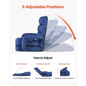 floor chair, 5 adjustable positions folding floor gaming chair with back support, armrests, and cushion, sturdy metal frame with recycled foam and linen fabric, for reading, relaxing, dark blue