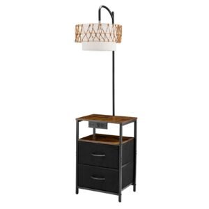 Floor Lamp with Table, 2-Tier End Table with 2 Drawers and 3 Color Temperature LED Bulb, Modern Side Nightstand Bedside Desk with USB & Type C & AC Charging Port for Living Room, Bedroom, Dorm