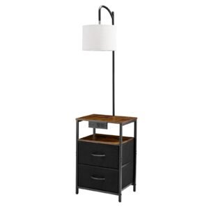 Floor Lamp with Table, 2-Tier End Table with 2 Drawers and 3 Color Temperature Lighting, Modern Side Nightstand Bedside Desk with USB & Type C & AC Charging Port for Living Room, Bedroom, Dorm