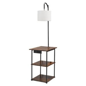Floor Lamp with Table, Narrow 3-Tier End Table with Open Shelves & 3 Color Temperature Lighting, Side Nightstand Bedside Desk with USB & Type C & AC Charging Port for Living Room, Bedroom, Dorm