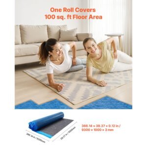 floor underlayment 100 sq. ft/roll, 3 mm thick laminate flooring padding with attached vapor barrier, heavy duty fiber + pe film, soundproofing & noise reduction, ideal for vinyl wood