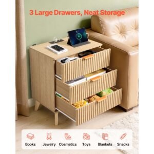 fluted nightstand with charging station, with 3 drawers, dresser for bedroom, mid century modern end table, bedside storage cabinet side table chest of dresser, for bedroom, living room, khaki