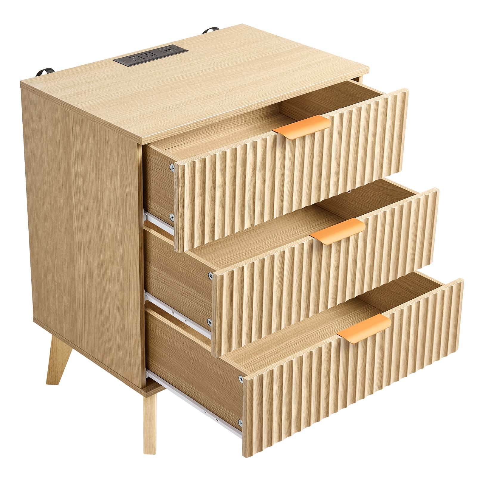 fluted nightstand with charging station, with 3 drawers, dresser for bedroom, mid century modern end table, bedside storage cabinet side table chest of dresser, for bedroom, living room, khaki