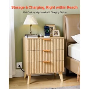 fluted nightstands with charging station, set of 2, dresser for bedroom with 3 drawers, mid century modern end table, bedside cabinet side table chest of dresser, for bedroom, living room, khaki