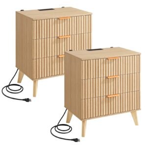 Fluted Nightstands with Charging Station, Set of 2, Dresser for Bedroom with 3 Drawers, Mid Century Modern End Table, Bedside Cabinet Side Table Chest of Dresser, for Bedroom, Living Room, Khaki