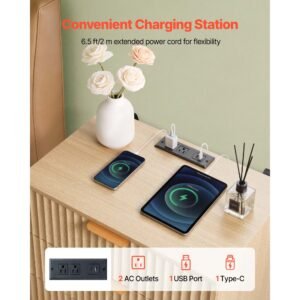 fluted nightstands with charging station, set of 2, dresser for bedroom with 3 drawers, mid century modern end table, bedside cabinet side table chest of dresser, for bedroom, living room, khaki