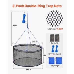 foldable fishing net, landing fishing pier nets, portable drop net for pulling up fish, durable and fish friendly, with rope and storage bag, for minnows, crawfish, shrimp, crab