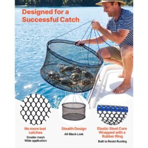 foldable fishing net, landing fishing pier nets, portable drop net for pulling up fish, durable and fish friendly, with rope and storage bag, for minnows, crawfish, shrimp, crab