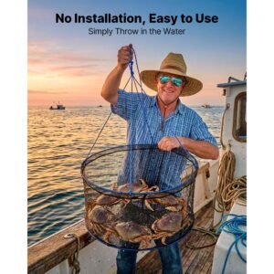 foldable fishing net, landing fishing pier nets, portable drop net for pulling up fish, durable and fish friendly, with rope and storage bag, for minnows, crawfish, shrimp, crab