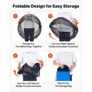 foldable fishing net, landing fishing pier nets, portable drop net for pulling up fish, durable and fish friendly, with rope and storage bag, for minnows, crawfish, shrimp, crab