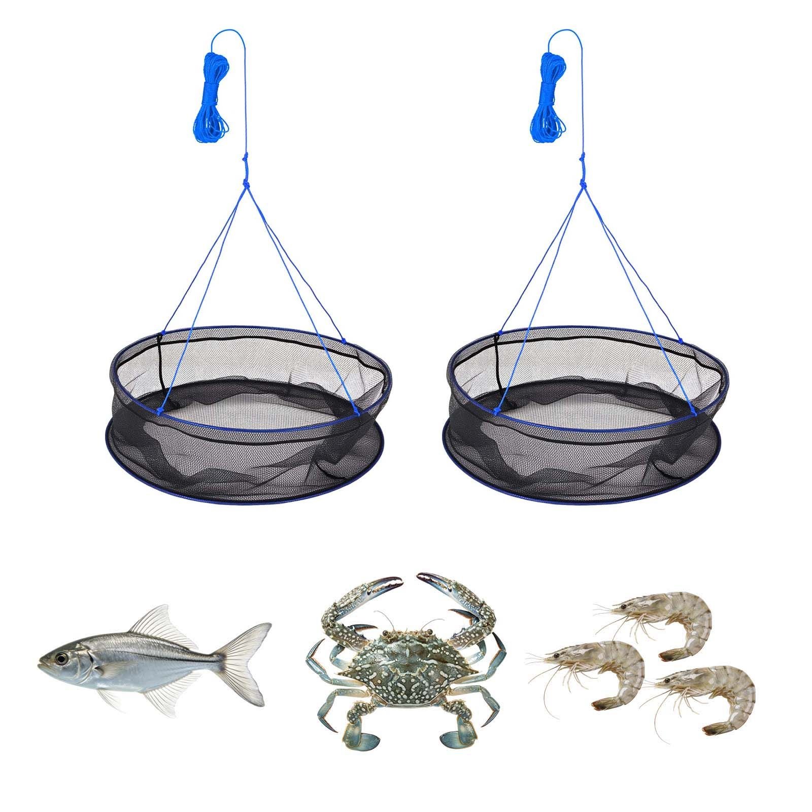 foldable fishing net, landing fishing pier nets, portable drop net for pulling up fish, durable and fish friendly, with rope and storage bag, for minnows, crawfish, shrimp, crab