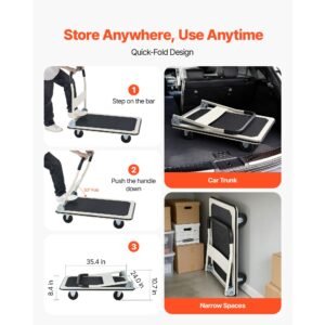 foldable push cart dolly, 660 lbs load capacity, folding platform truck with swivel wheels, moving platform hand truck flatbed cart, space saving push handle, for easy storage, 35.4x34.3x24in
