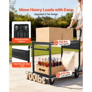 foldable push cart dolly, 700 lbs, heavy duty platform hand truck with wheels, high strength steel, 2 tier moving flatbed cart, for warehouse, garage, workshop, office, 28.7 x 18.5 x 32.3 in