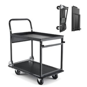 Foldable Push Cart Dolly, 700 lbs, Heavy Duty Platform Hand Truck with Wheels, High-Strength Steel, 2 Tier Moving Flatbed Cart, for Warehouse, Garage, Workshop, Office, 28.7 x 18.5 x 32.3 in