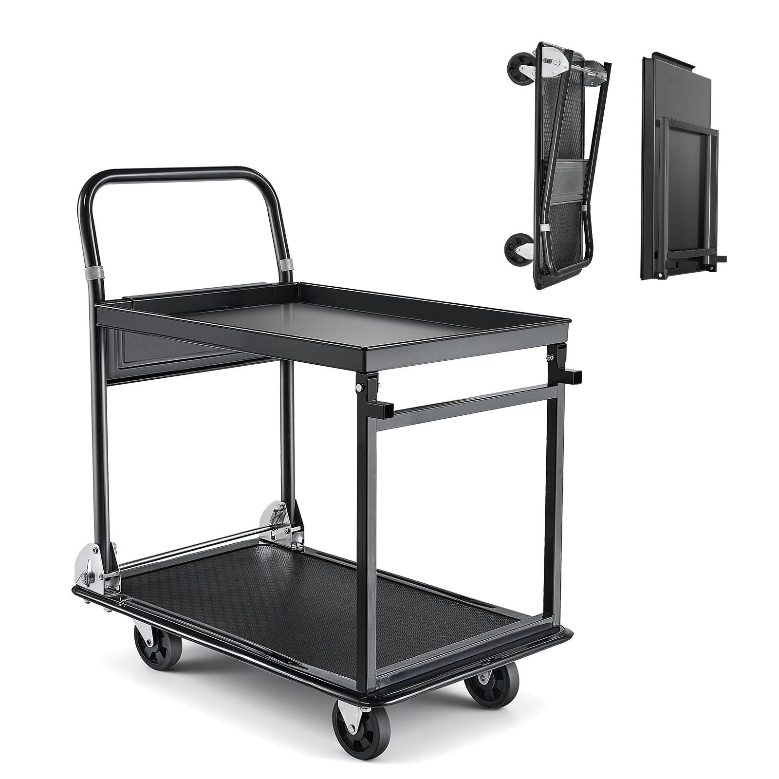 foldable push cart dolly, 700 lbs, heavy duty platform hand truck with wheels, high strength steel, 2 tier moving flatbed cart, for warehouse, garage, workshop, office, 28.7 x 18.5 x 32.3 in