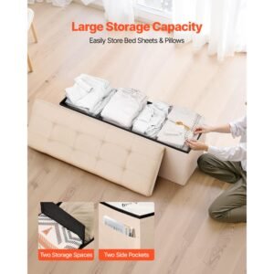 foldable storage ottoman bench, end of bed bench with side bags, folding upholstered storage chest supports 660 lbs, linen bed ottoman with large space for living room, bedroom, entryway, beige