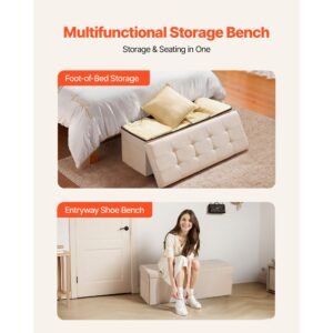 foldable storage ottoman bench, end of bed bench with side bags, folding upholstered storage chest supports 660 lbs, linen bed ottoman with large space for living room, bedroom, entryway, beige