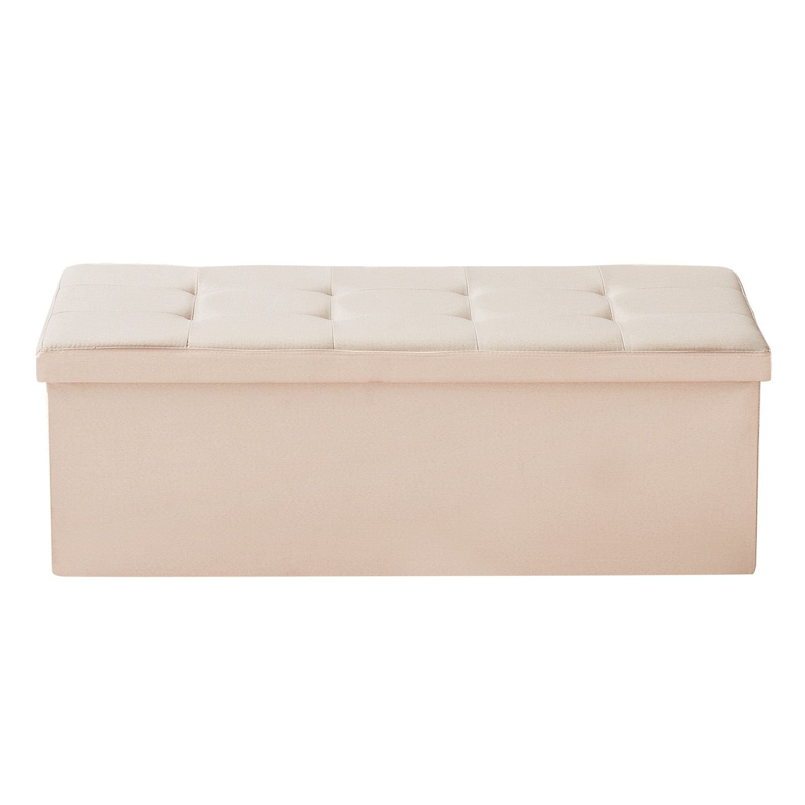 foldable storage ottoman bench, end of bed bench with side bags, folding upholstered storage chest supports 660 lbs, linen bed ottoman with large space for living room, bedroom, entryway, beige
