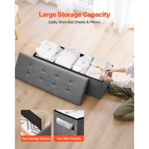 foldable storage ottoman bench, end of bed bench with side bags, folding upholstered storage chest supports 660 lbs, linen bed ottoman with large space for living room, bedroom, entryway, grey