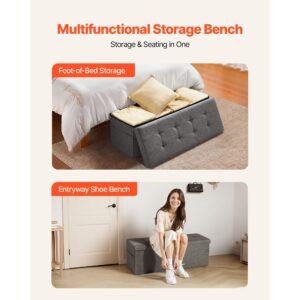 foldable storage ottoman bench, end of bed bench with side bags, folding upholstered storage chest supports 660 lbs, linen bed ottoman with large space for living room, bedroom, entryway, grey