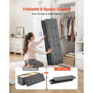 foldable storage ottoman bench, end of bed bench with side bags, folding upholstered storage chest supports 660 lbs, linen bed ottoman with large space for living room, bedroom, entryway, grey