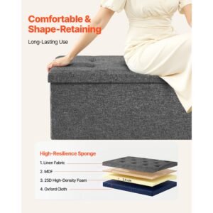 foldable storage ottoman bench, end of bed bench with side bags, folding upholstered storage chest supports 660 lbs, linen bed ottoman with large space for living room, bedroom, entryway, grey