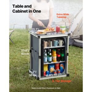 folding camping storage cabinet, outdoor portable aluminum lightweight table, quick set up compact kitchen cook station, with 3 shelves and carry bag, for picnic, bbq, camping, rv traveling