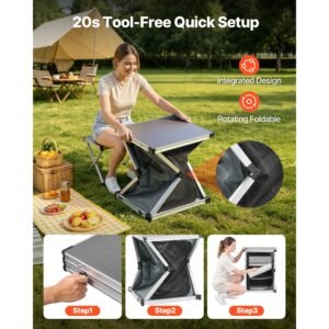 folding camping storage cabinet, outdoor portable aluminum lightweight table, quick set up compact kitchen cook station, with 3 shelves and carry bag, for picnic, bbq, camping, rv traveling