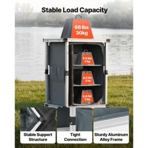 folding camping storage cabinet, outdoor portable aluminum lightweight table, quick set up compact kitchen cook station, with 3 shelves and carry bag, for picnic, bbq, camping, rv traveling