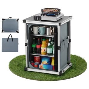 Folding Camping Storage Cabinet, Outdoor Portable Aluminum Lightweight Table, Quick Set-up Compact Kitchen Cook Station, with 3 Shelves and Carry Bag, for Picnic, BBQ, Camping, RV Traveling