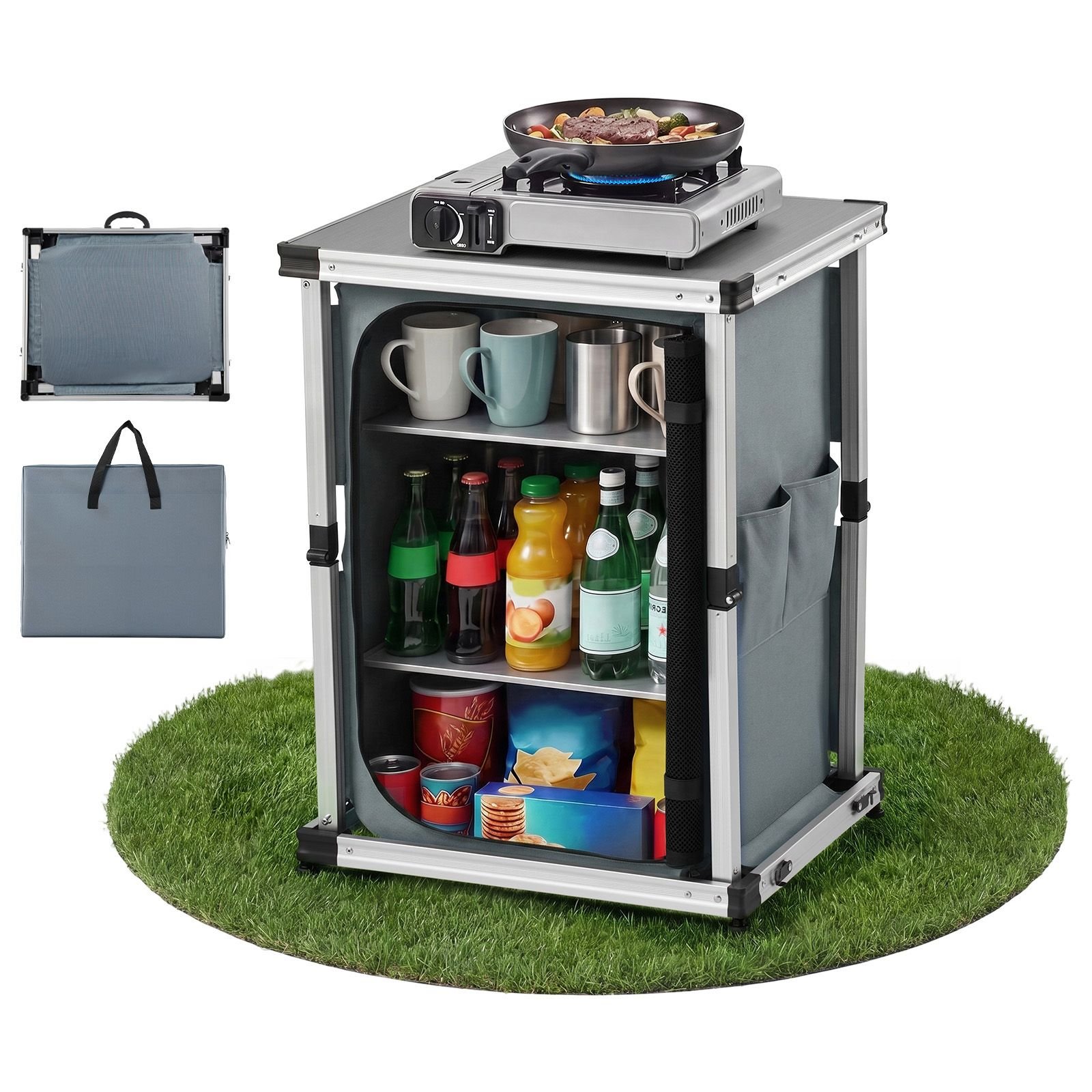 folding camping storage cabinet, outdoor portable aluminum lightweight table, quick set up compact kitchen cook station, with 3 shelves and carry bag, for picnic, bbq, camping, rv traveling