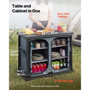 folding camping storage cabinet, outdoor portable aluminum lightweight table, quick set up compact kitchen cook station, with 6 shelves and carry bag, for picnic, bbq, camping, rv traveling