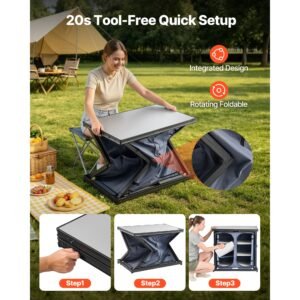folding camping storage cabinet, outdoor portable aluminum lightweight table, quick set up compact kitchen cook station, with 6 shelves and carry bag, for picnic, bbq, camping, rv traveling