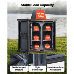 folding camping storage cabinet, outdoor portable aluminum lightweight table, quick set up compact kitchen cook station, with 6 shelves and carry bag, for picnic, bbq, camping, rv traveling