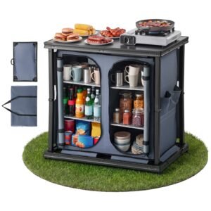 Folding Camping Storage Cabinet, Outdoor Portable Aluminum Lightweight Table, Quick Set-up Compact Kitchen Cook Station, with 6 Shelves and Carry Bag, for Picnic, BBQ, Camping, RV Traveling