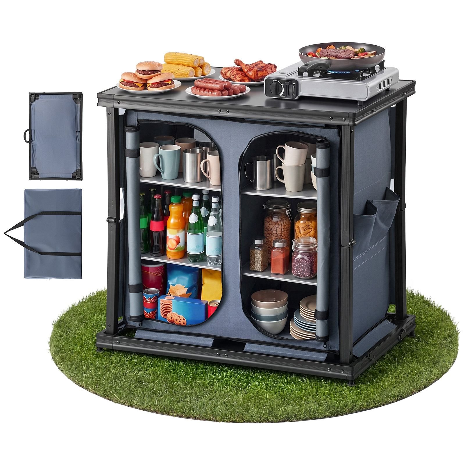 folding camping storage cabinet, outdoor portable aluminum lightweight table, quick set up compact kitchen cook station, with 6 shelves and carry bag, for picnic, bbq, camping, rv traveling